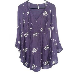 FREE People Purple Boho Dress Embroidered Beige Flowers Lined Bell Sleeves 1C